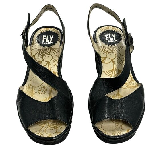 Fly London Yamp Leather Cut Out Wedge Heel Peep Toe Black Sandal Size 38 - Picture 1 of 9